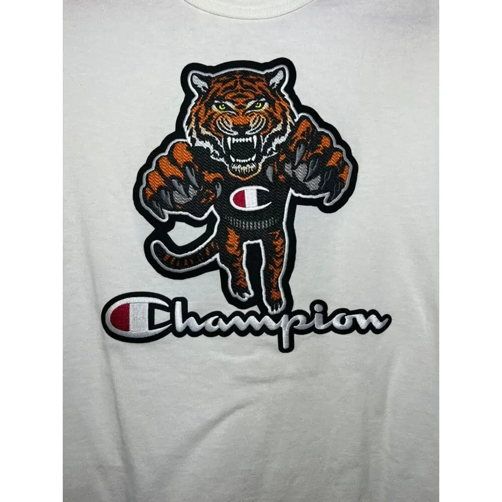 NWT Champion Ivory Embroidered Tiger Casual Activewear Graphic Basic T-Shirt Top - Picture 2 of 6